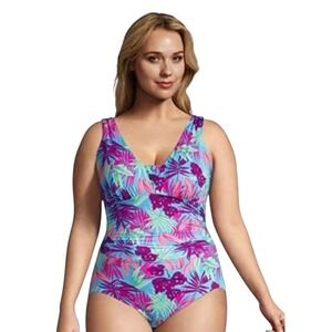 Lands' End Women's One Piece Slender Swimsuit Size 14 Floral Print Tummy Control